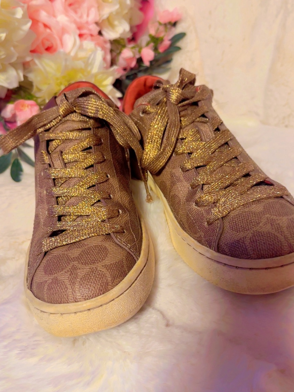 Coach Brown Signature Low-Top Sneakers with Gold Metallic Laces